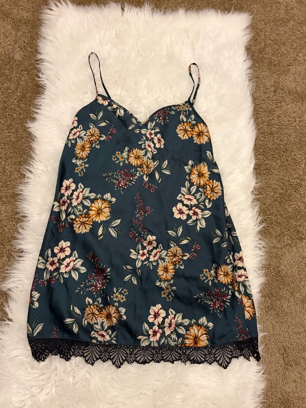 Green Floral Print Satin Cami Dress with Lace Trim